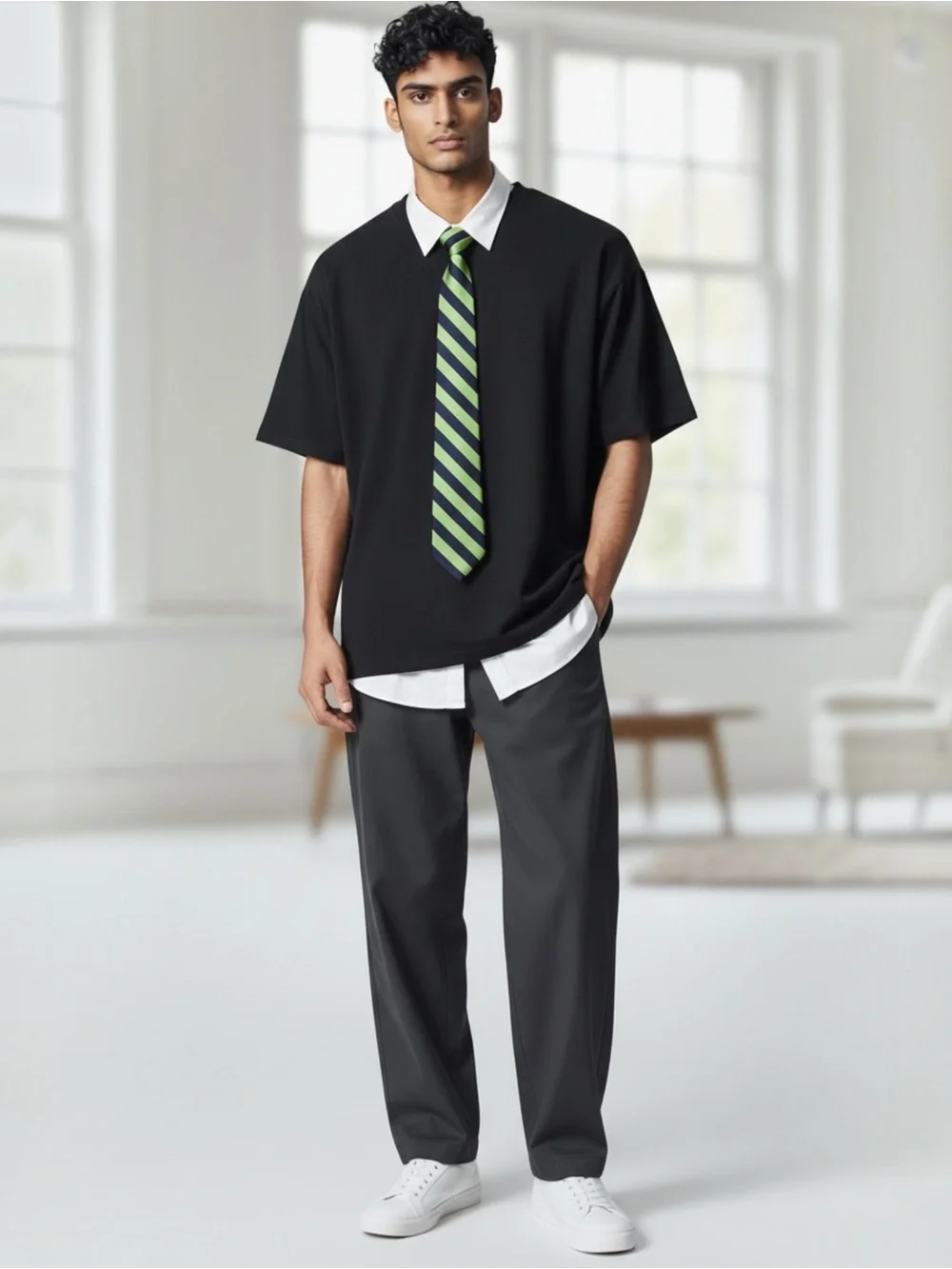 J. Crew Dark Blue and Green Striped Silk Tie
